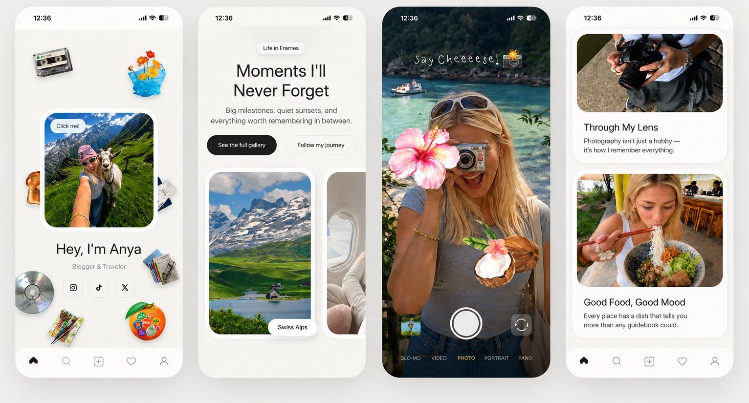 Travel blogger mobile app screens